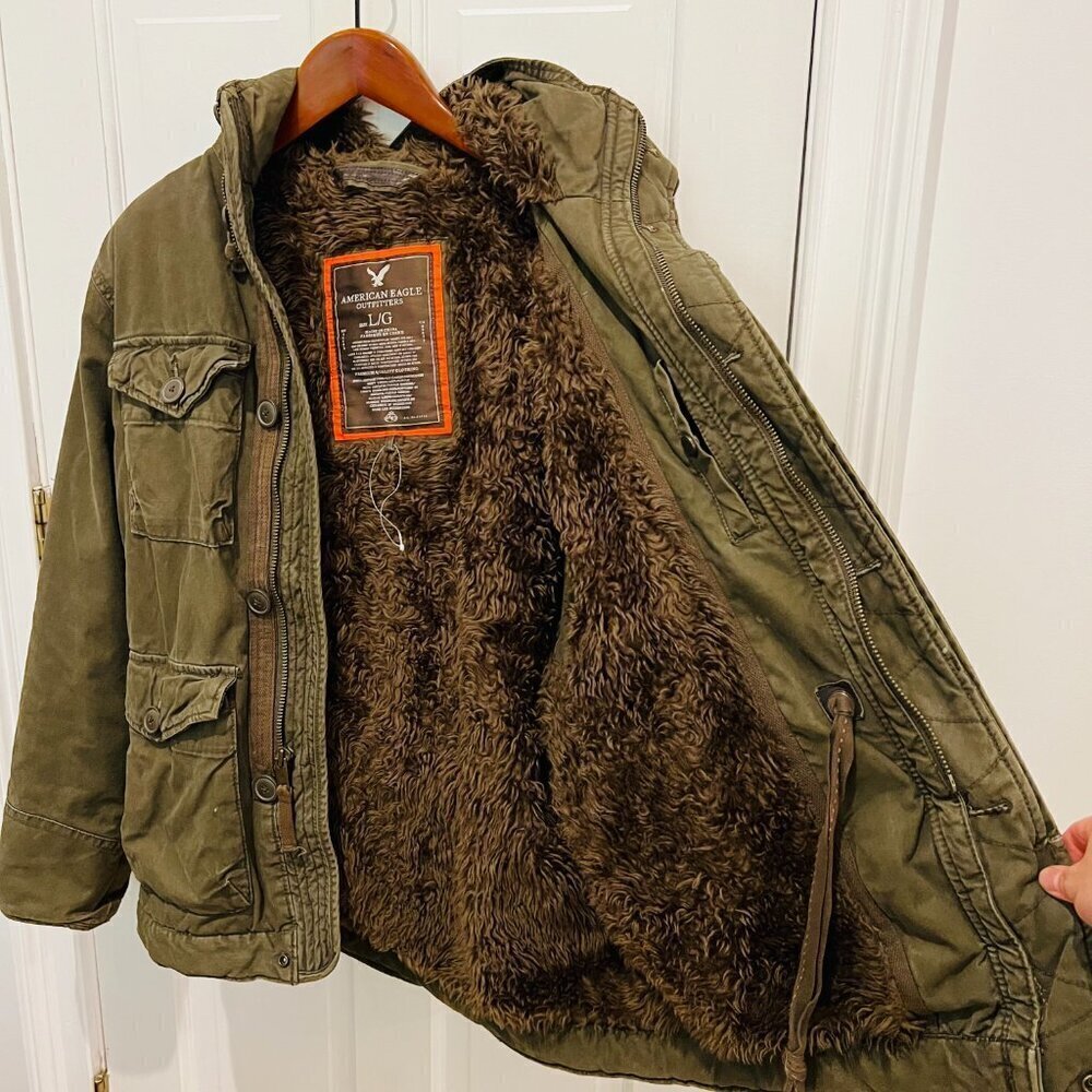 Y2K Green American Eagle Military Parka Winter Coat Mens Small Heavyweight Lined - Picture 8 of 16